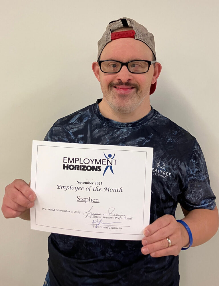 Stephen earns the Employee of the Month Award from Employment Horizons