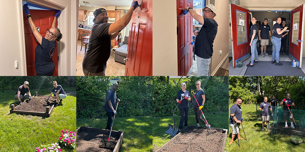 Employees from Conner Strong and Buckelew tape and paint the doors at the Hanover Community Residence. They also cleaned the gardens and planted new flowers and vegetables for the residents to enjoy.